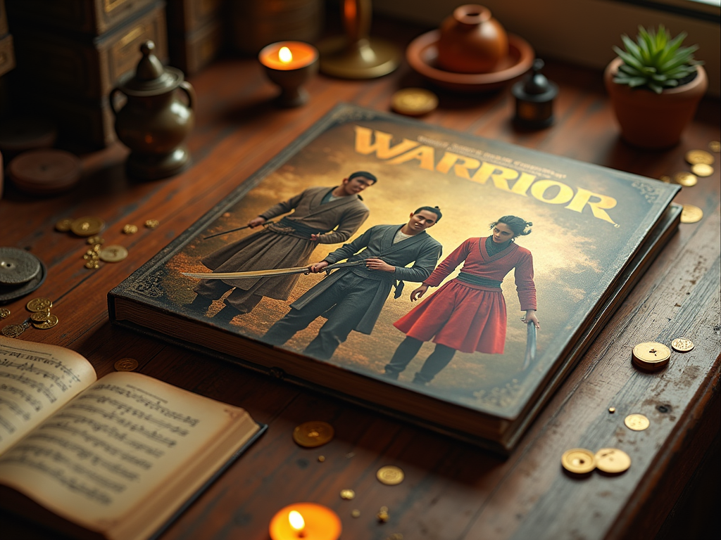 Книга "Warrior" на столе с монетами, свечой и горшками с растениями.